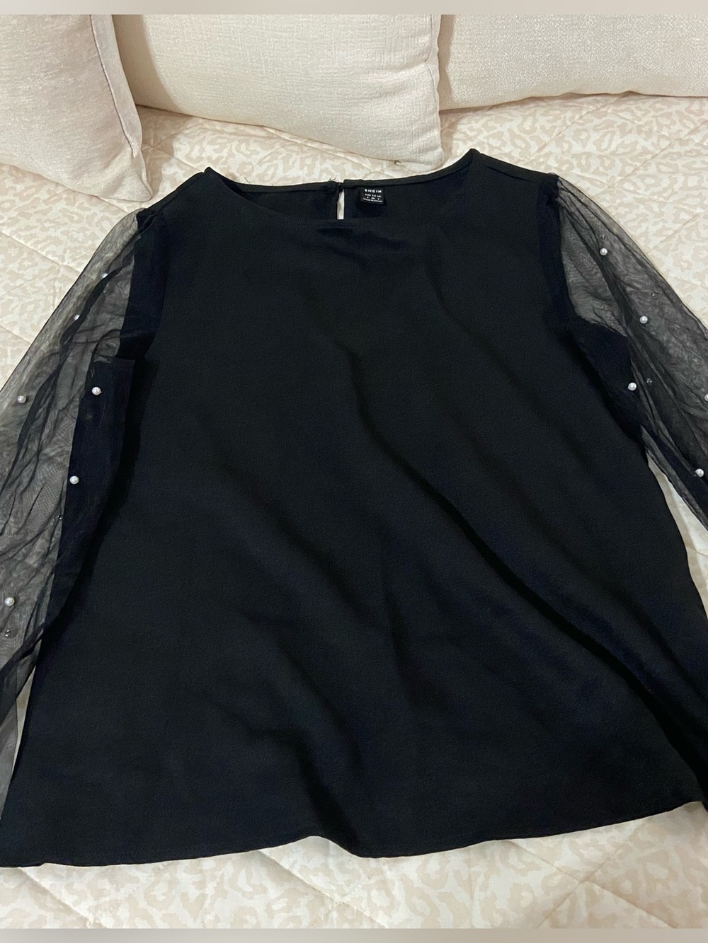 SHEIN Black Sheer Sleeve Women's top with Pearl Detail